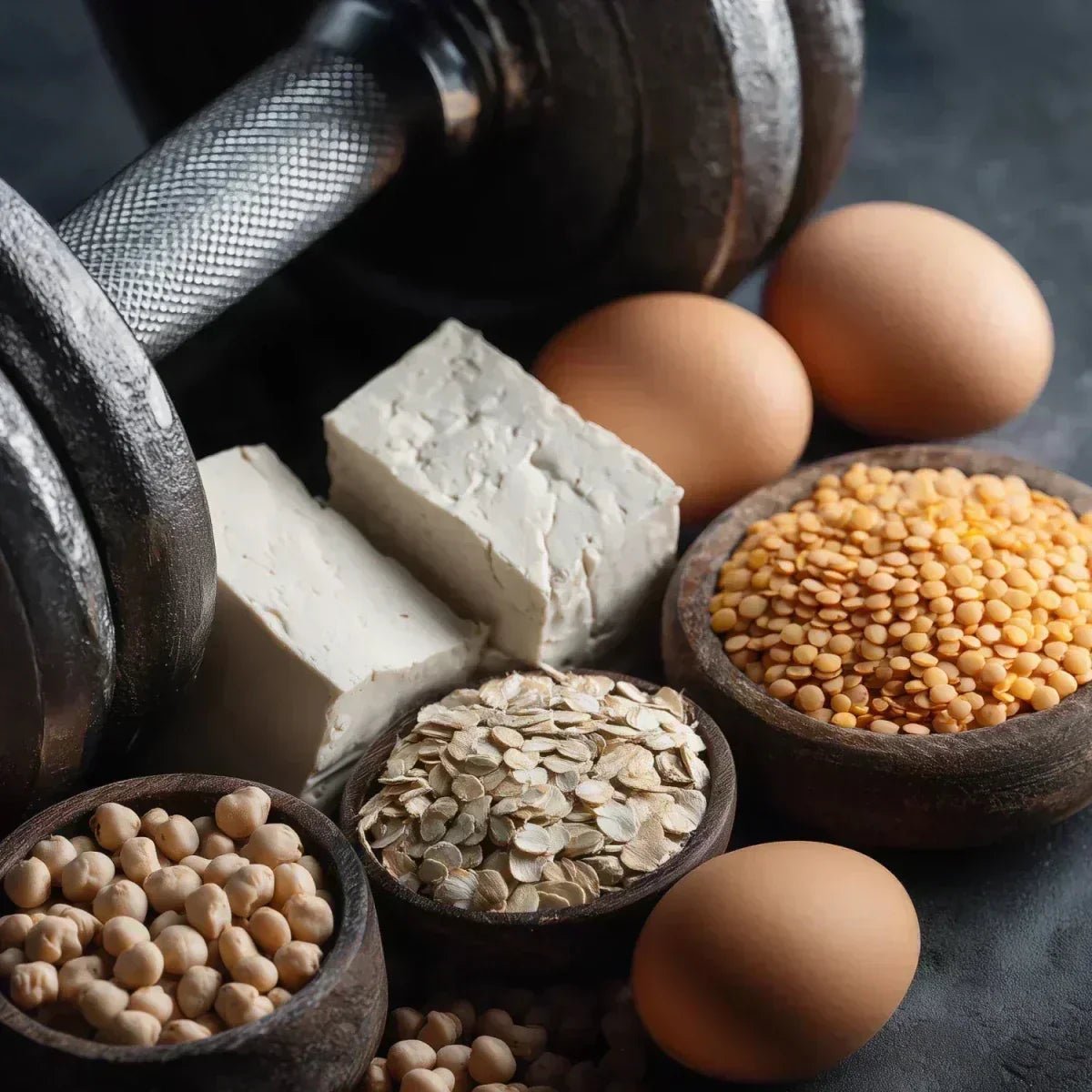 Hantel neben Lebensmitteln