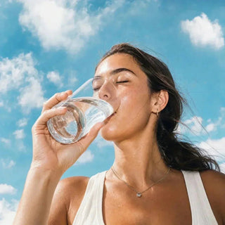 Frau trinkt Wasser aus Glas