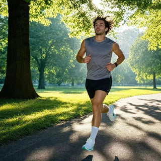 Läufer joggt durch Wald, Sonne