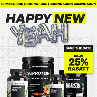 Immagine promozionale con bottiglie di integratori, lettere a palloncino metallizzate che compongono "YEAH", e testo: "HAPPY NEW YEAH", "SAVE THE DATE" e "FINO AL 25% DI SCONTO".