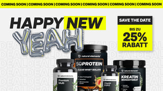 Happy New Yeah" steht in fetten Buchstaben, dazu ein Banner "Save the Date: Bis zu 25% Rabatt" für den kommenden Sale.
