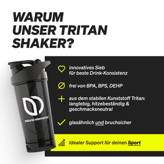 Schwarzer Tritan-Shaker mit "natural elements"-Logo, abgebildet neben einer Auflistung seiner Eigenschaften: innovatives Sieb, BPA-frei, aus langlebigem Tritan-Kunststoff, glasähnlich und bruchsicher.