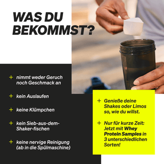 Person füllt Proteinpulver mit einem Messlöffel in einen Shaker, daneben stehen deutschsprachige Produkthighlights und Anwendungstipps für Whey Protein Samples.