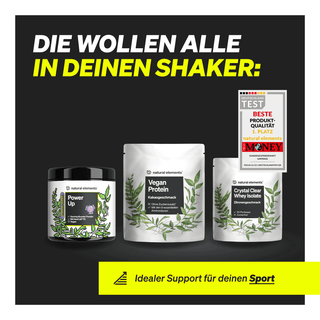 Drei Nahrungsergänzungsmittel mit natürlichen Elementen – Power Up, Vegan Protein und Crystal Clear Whey Isolate – werden mit einer Produktqualitätsauszeichnung und einem fettgedruckten deutschen Text zur Sportunterstützung präsentiert.