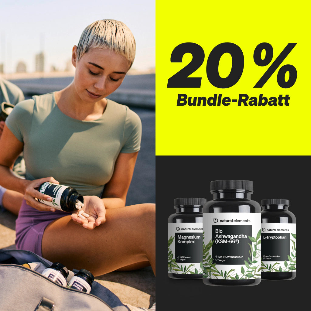 Una donna assume integratori all'aperto. Il testo recita '20% di sconto sul bundle'. Sotto, tre flaconi di integratori Natural Elements sono visibili su sfondo nero.
