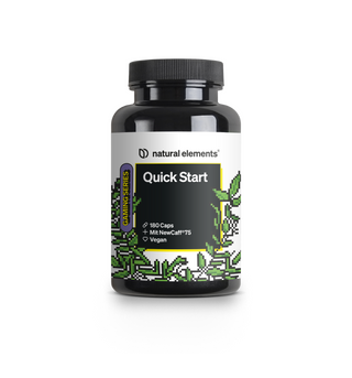 Il prodotto “Quick Start Kapseln” di NATURAL ELEMENTS è una bottiglia nera con 180 capsule vegane che, grazie al “#Hit NewCaff 75”, garantiscono un'intensa sferzata di caffeina. Ideale per sessioni di gioco intense, presenta un design a foglia verde nella parte inferiore e un orgoglioso impegno nei confronti del principio vegano.