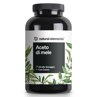 Una bottiglia nera con la scritta "natural elements Aceto di mele" con illustrazioni di foglie e testo che indica un'alta dosaggio e l'aggiunta di cromo.