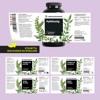 Mehrsprachiges natural elements Apfelessig-Etikett mit Zutaten und Nährwertangaben in Deutsch, Französisch, Spanisch, Italienisch, Englisch.