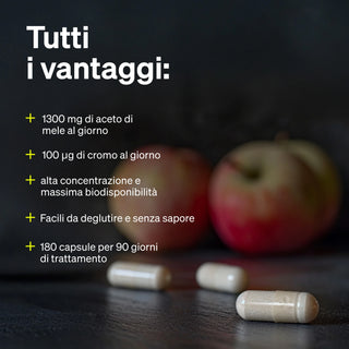 Quattro capsule su una superficie scura con due mele sullo sfondo; il testo italiano elenca i benefici dell'integratore e il dosaggio giornaliero.