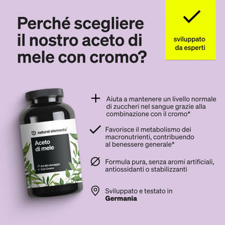 Eine Flasche Natural Elements Apfelessig mit Chrom steht neben italienischen Produktvorteilen und einer gelben Box.
