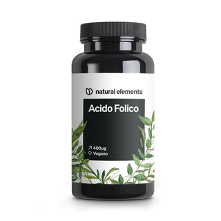 Bottiglia nera con l'etichetta "natural elements Acido Folico" e una grafica con foglie verdi. Il testo indica un dosaggio di 400 µg e specifica che il prodotto è vegano.