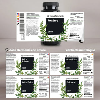 Eine Flasche mit Folsäurepräparaten mit mehrsprachigen Etiketten in Deutsch, Französisch, Spanisch und Englisch.