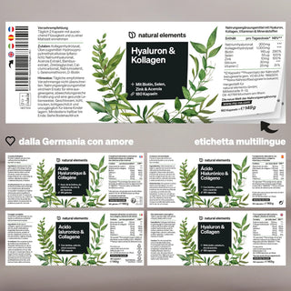Produktdetails, Inhaltsstoffe und mehrsprachiger Text in Italienisch, Deutsch, Spanisch und Französisch auf dem Etikett von Natural Elements.