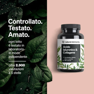 Eine Flasche des Nahrungsergänzungsmittels "Acido Ialuronico & Collagene" von Natural Elements mit italienischem Werbetext.