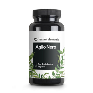 Una bottiglia nera con l'etichetta "Aglio Nero" di Natural Elements con grafica a foglia verde, indicata come contenente S-Allilcisteina e come vegana.