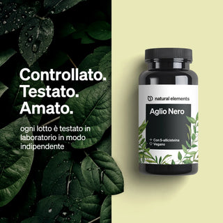 Natural Elements Aglio Nero Beilage mit italienischem Text, der auf unabhängige Labortests hinweist.