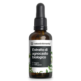 Una boccetta contagocce in vetro marrone con l'etichetta "Estratto di agnocasto biologico" di Natural Elements, con l'indicazione che è vegano e contiene 1.100 gocce.