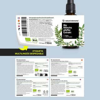 Mehrsprachiges Produktetikett für Bio Mönchspfeffer Extrakt (Vitex), 50 ml, mit Inhaltsstoffen, Anwendung, Zertifizierungen und grünem Blattdesign.
