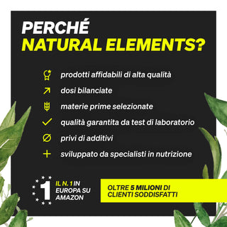 Infografik über die Vorteile der Produkte von natural elements: hohe Qualität, ausgewählte Rohstoffe, fachkundige Entwicklung, Kundenstatistiken.