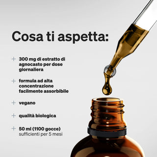 Un contagocce che eroga liquido in una bottiglia di vetro marrone, con testo italiano che contiene informazioni su dosaggio, assorbimento, vegano, qualità biologica e volume di 50 ml.