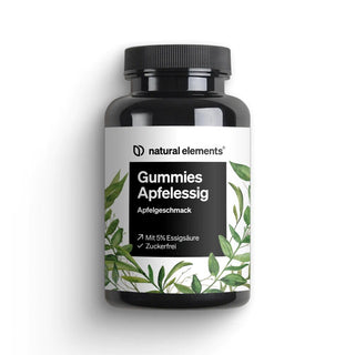 Gekennzeichnete NATURAL ELEMENTS Apfelessig Gummies mit Blattgrafik, 5% Essigsäure hervorgehoben, und zuckerfrei.