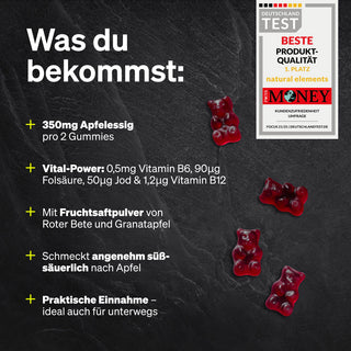 Die Infografik hebt Apfelessig Gummies von NATURAL ELEMENTS mit natürlichen Inhaltsstoffen, hervorragendem Geschmack und einer Qualitätsauszeichnung hervor.