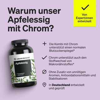 Auf violettem Hintergrund ist eine Flasche natural elements Apfelessig mit Chrom abgebildet, daneben ein Text, der seine Vorteile und seine Entwicklung in Deutschland hervorhebt.