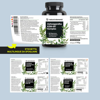 Una bottiglia di Natural Elements Ashwagandha KSM-66 Complesso con un'etichetta multilingue che mostra ingredienti, informazioni nutrizionali e illustrazioni botaniche.