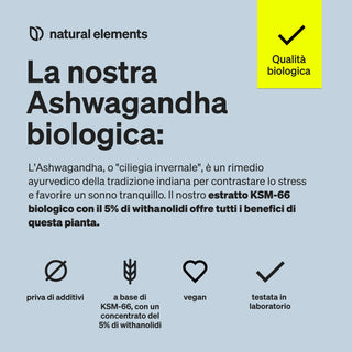 Grafica pubblicitaria che descrive i benefici dell'estratto biologico di Ashwagandha con il 5% di Withanolidi e ne evidenzia la purezza, la qualità vegana e i test di laboratorio. Il testo è in italiano.