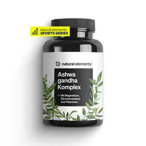 Scopri le „Ashwagandha Komplex Kapseln“ di NATURAL ELEMENTS – l'accompagnamento ideale post-allenamento. La confezione mostra foglie verdi ed evidenzia ingredienti efficaci come magnesio, verbena e vitamine importanti per una rigenerazione efficace.