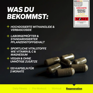 Auf einer schwarzen Oberfläche werden sechs dunkle Kapseln neben einem Text angezeigt, der Produktmerkmale wie hochdosierte Withanolide, Labortests, Vitamine und einen Vorrat für zwei Monate hervorhebt.