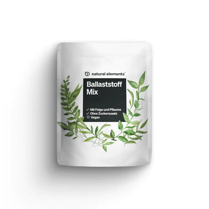 Una busta bianca etichettata "Ballaststoff Mix" di NATURAL ELEMENTS è stampata con foglie verdi e mette in evidenza fibre naturali, nessun zucchero aggiunto e ingredienti vegani.