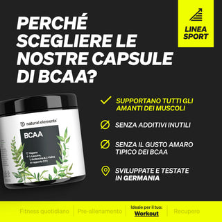 BCAA-Kapseln mit natürlichen Inhaltsstoffen, ohne Zusätze, ohne bitteren Geschmack, vegan und in Deutschland entwickelt.