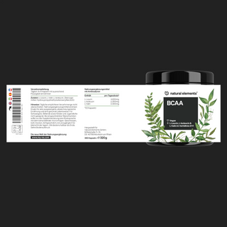 Abgebildet ist ein Behälter mit BCAA-Kapseln von Natural Elements mit Produktkennzeichnung, Nährwertangaben und Abbildungen von grünen Blättern auf weißem Hintergrund.