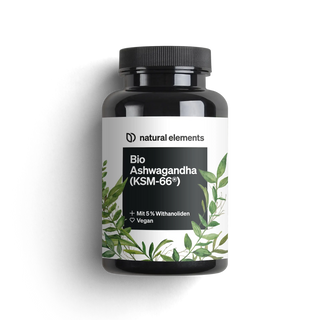 Vegan-freundlicher Shopify Testartikel mit 5% Withanoliden und grünen Blattelementen auf dem NATURAL ELEMENTS Etikett.