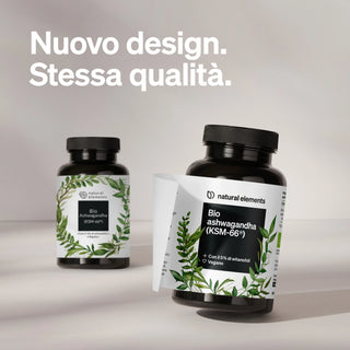 Der Text auf Italienisch lautet: "Neues Design. Gleiche Qualität." Zwei Flaschen Natural Elements Bio Ashwagandha (KSM-66) Ergänzungen gezeigt.