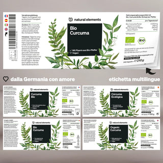 Etichetta del prodotto per la polvere "Natural Elements Bio Curcuma" con illustrazioni botaniche e testo multilingue in tedesco, italiano, spagnolo e inglese, che ne evidenzia le proprietà biologiche e vegane.