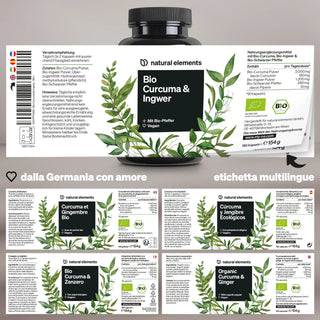 Una bottiglia dell'integratore alimentare Natural Elements Bio Curcuma & Zenzero con etichetta multilingue che riporta ingredienti e informazioni nutrizionali, decorata con illustrazioni di foglie verdi.