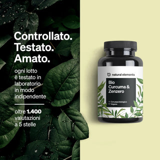 Eine Flasche des Nahrungsergänzungsmittels "Bio Curcuma & Zenzero" von Natural Elements erscheint neben einem Text über Labortests und Kundenrezensionen.