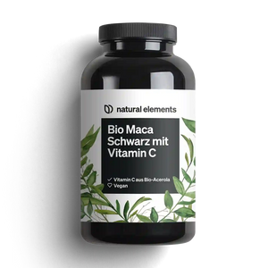 La bottiglia nera con l'etichetta "NATURAL ELEMENTS Bio Maca Schwarz Kapseln" presenta motivi di foglie verdi alla base. Questo prodotto vegano contiene Vitamina C da acerola biologica e sfrutta i benefici adattogeni della pianta di Maca, garantendo la qualità biologica.