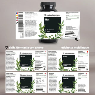 Eine Flasche natural elements Boron mit 365 veganen Tabletten und mehrsprachiger Verpackung auf europäisch.