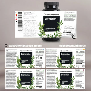 Auf der Flasche des Nahrungsergänzungsmittels Natural Elements Bromelain sind mehrsprachige Etiketten mit Pflanzengrafiken und Produktinformationen zu sehen.