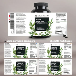 Una bottiglia di capsule di caffè verde di Natural Elements con etichette multilingue, che indicano dosaggio, ingredienti e istruzioni per l'uso in diverse lingue.