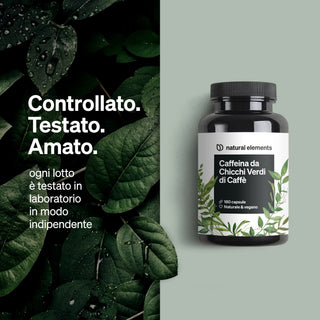 Der italienische Text hebt die im Labor geprüfte Qualität der natural elements Kapseln aus grünen Kaffeebohnen hervor.