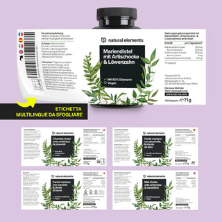 Una bottiglia di un integratore alimentare Natural Elements con etichette multilingue che indicano gli ingredienti Cardo Mariano, Carciofo e Tarassaco in tedesco, italiano, francese e spagnolo.