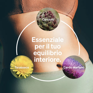 Primo piano del busto nudo di una persona con testo in lingua italiana e immagini di carciofo, tarassaco e cardo mariano, che ne evidenziano i benefici per l'equilibrio interiore.