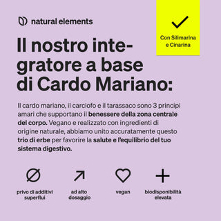 Testo italiano su sfondo viola descrive un integratore di Cardo Mariano, evidenziando i suoi benefici per la digestione, gli ingredienti vegani e l'assenza di additivi. Le icone rappresentano le caratteristiche del prodotto.