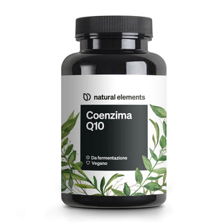Etikett "Coenzima Q10" mit Abbildungen von grünen Blättern und Symbolen für Fermentation und vegane Eigenschaften.