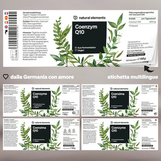 Coenzym Q10-Ergänzungspackung mit Informationen zu den Inhaltsstoffen, Illustration der grünen Blätter und mehrsprachigen Etiketten.