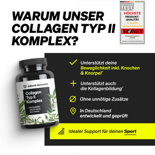 Eine Flasche Collagen Typ II Komplex mit einem Text, der die Vorteile für Mobilität und Kollagenbildung hervorhebt und auf unnötige Zusatzstoffe verzichtet. Abgebildet ist das deutsche Qualitätssiegel.